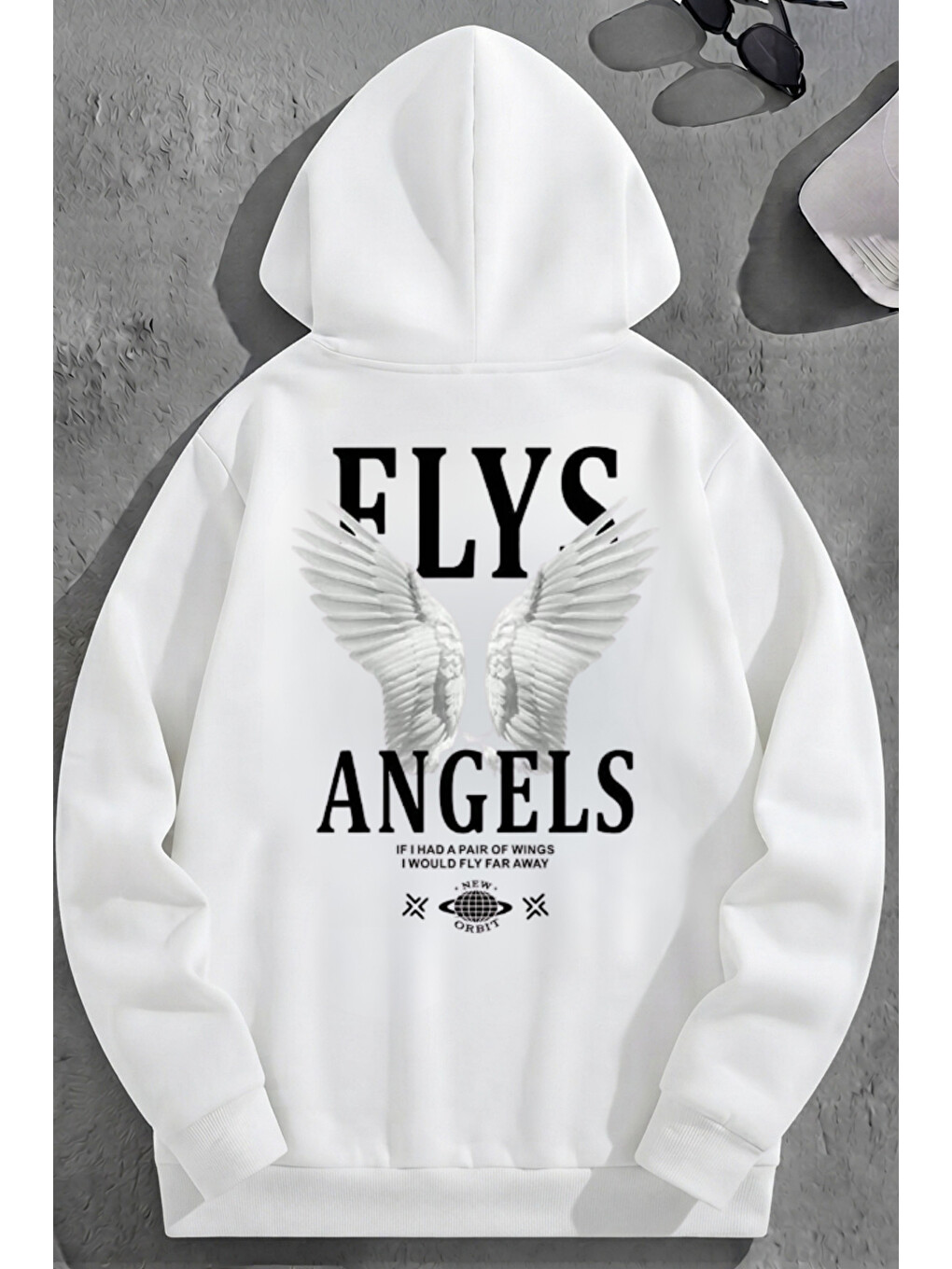 Unisex 3 İplik Pamuklu Beyaz Flys Baskı Bol Kalıp Sweatshirt Hoodie