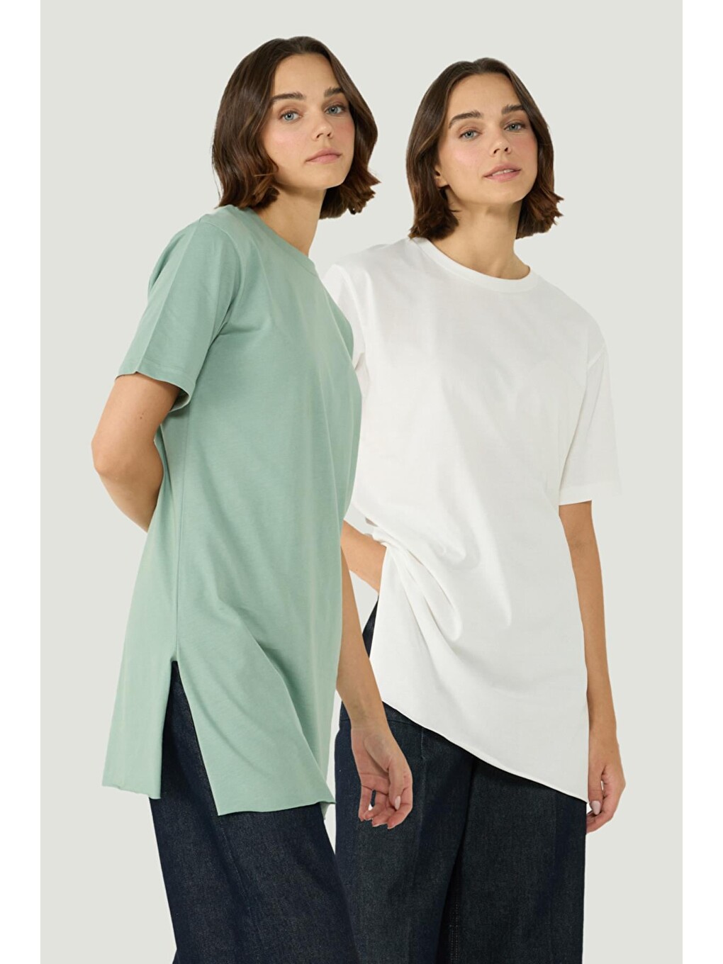 Bisiklet Yaka Yarım Kol Yırtmaçlı 2'Li Uzun T-Shirt 963 Ekru/Çağla