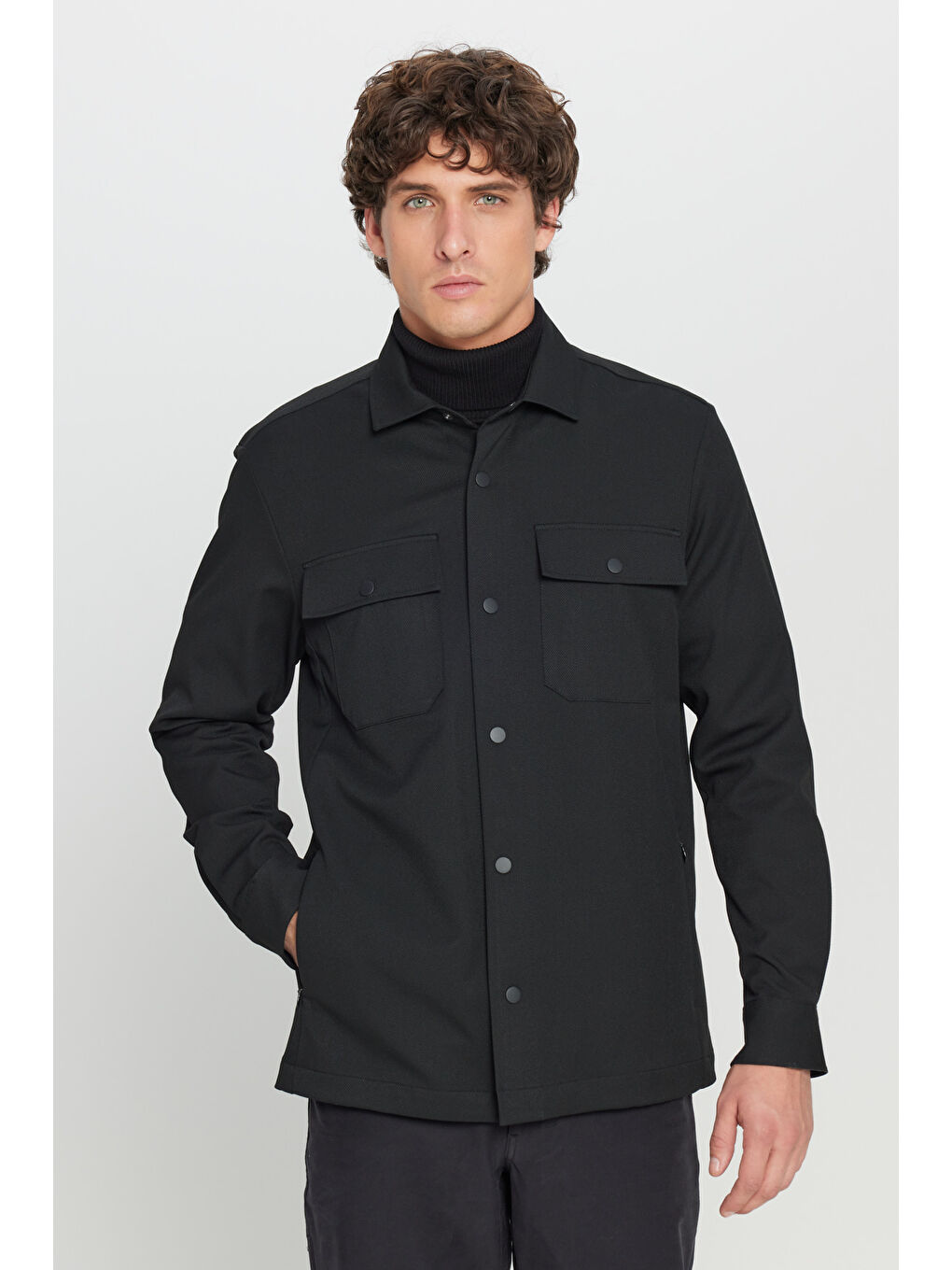 Erkek Siyah Relax Fit Rahat Kesim Gömlek Yaka Diagonal Desenli Çift Ceketli Takım Elbise-2