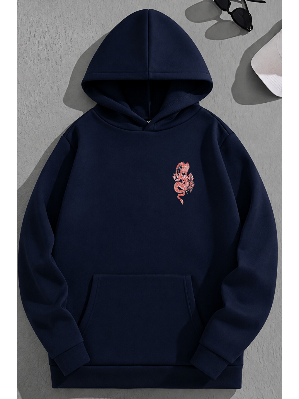 Unisex 3 İplik Pamuklu Lacivert Reddragon Baskı Bol Kalıp Sweatshirt Hoodie-1