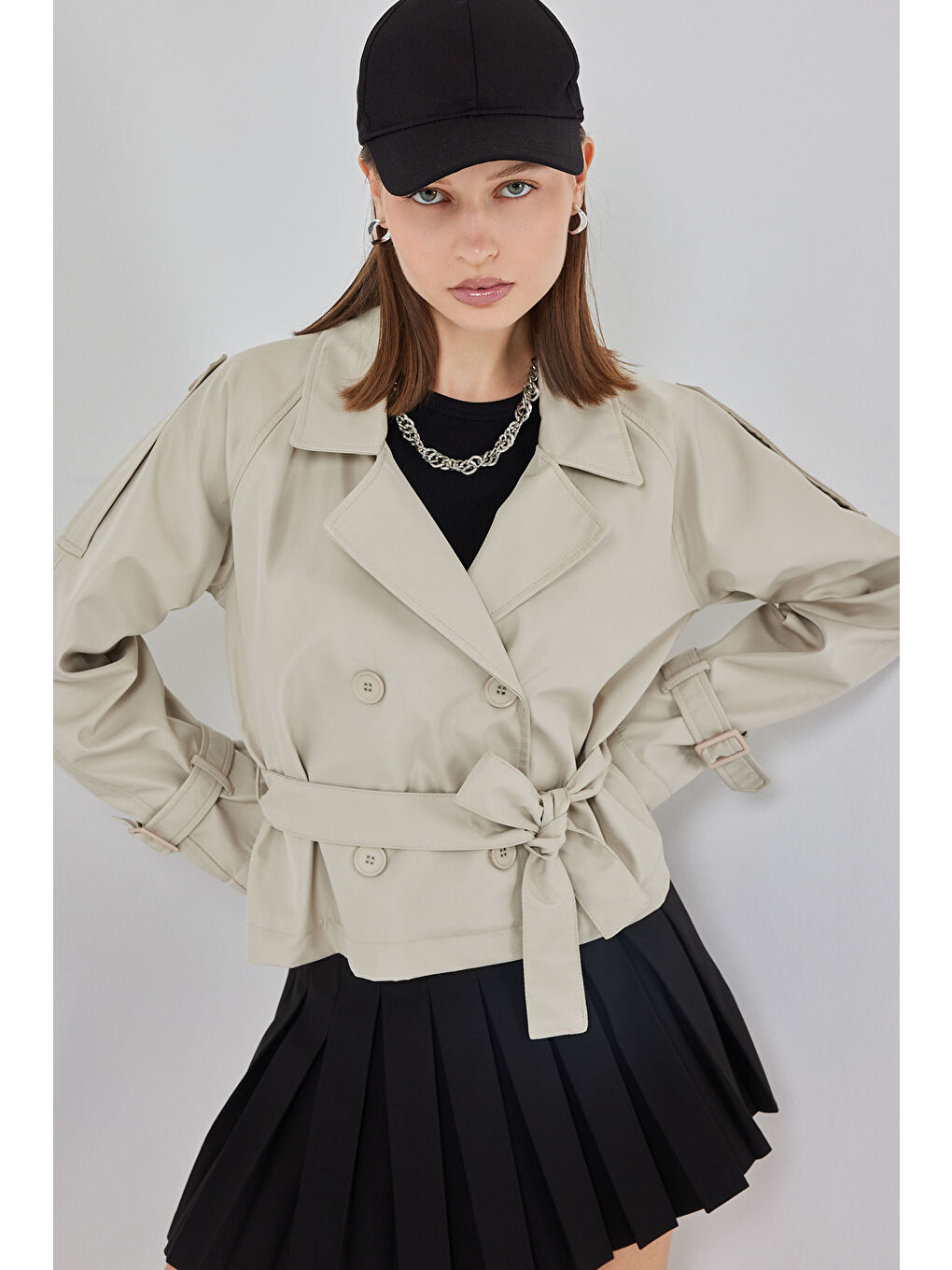 Bej Kadın Kemerli Kısa Trençkot 5970 - Taş-2