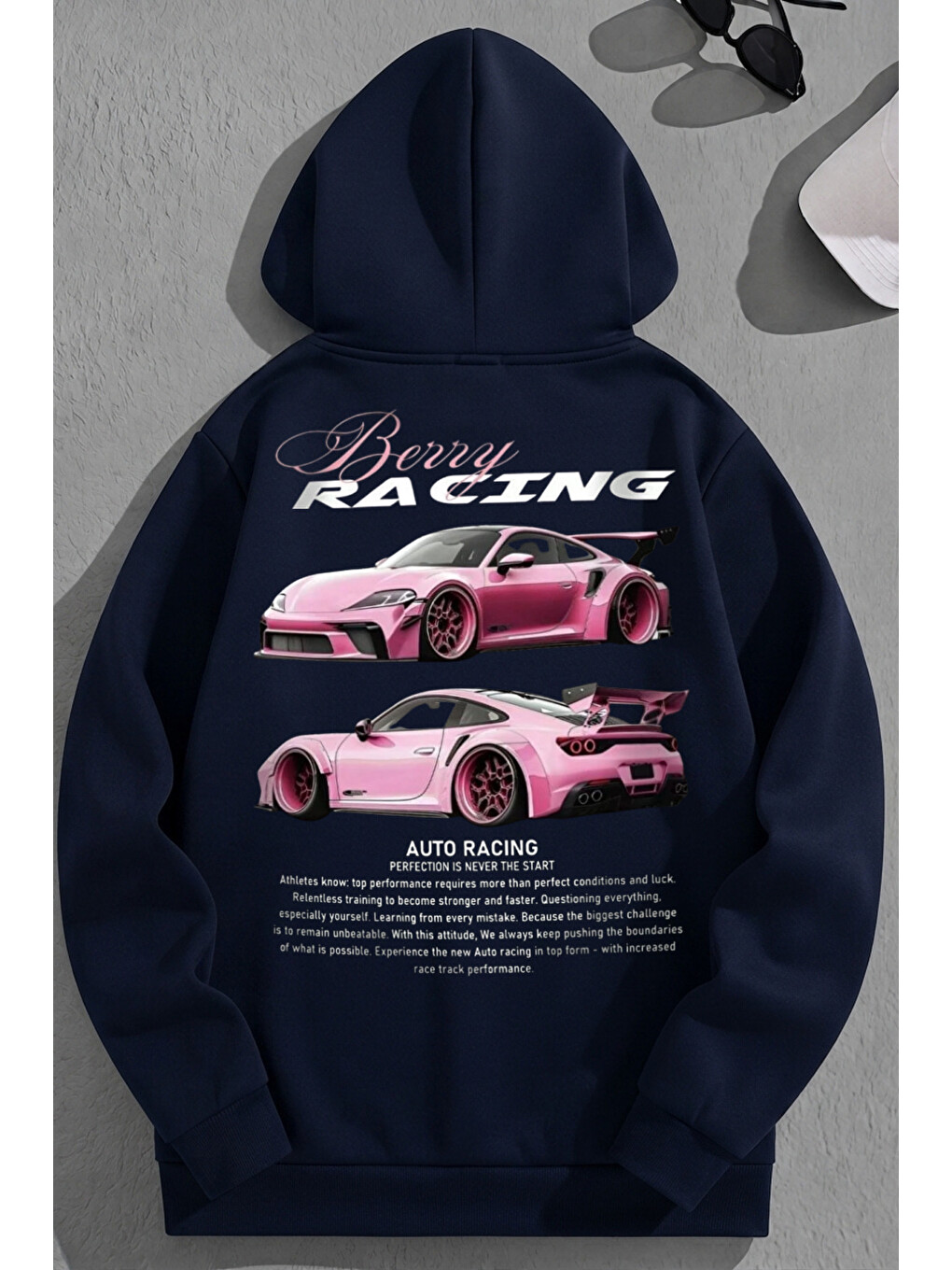 Unisex 3 İplik Pamuklu Lacivert Berryracing Baskı Bol Kalıp Sweatshirt Hoodie