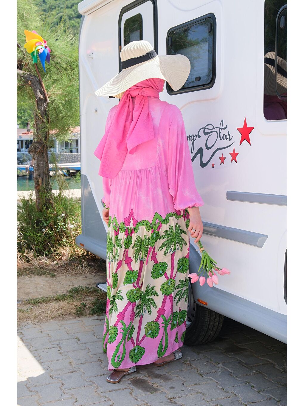 Locco Moda Pembe Palmiye Desen Elbise Pembe - 3