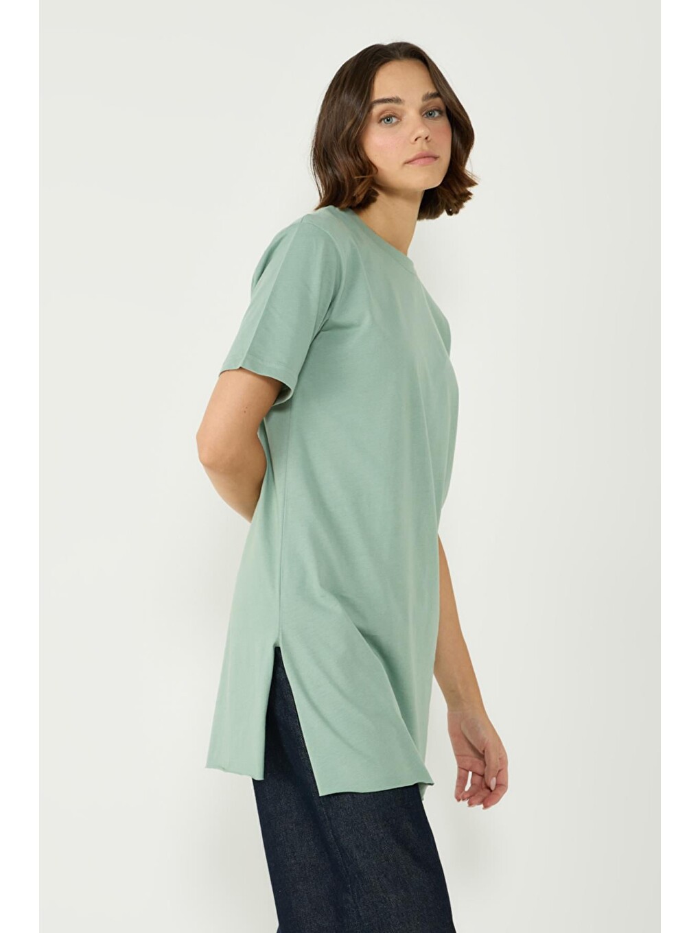 Bisiklet Yaka Yarım Kol Yırtmaçlı 2'Li Uzun T-Shirt 963 Ekru/Çağla-8