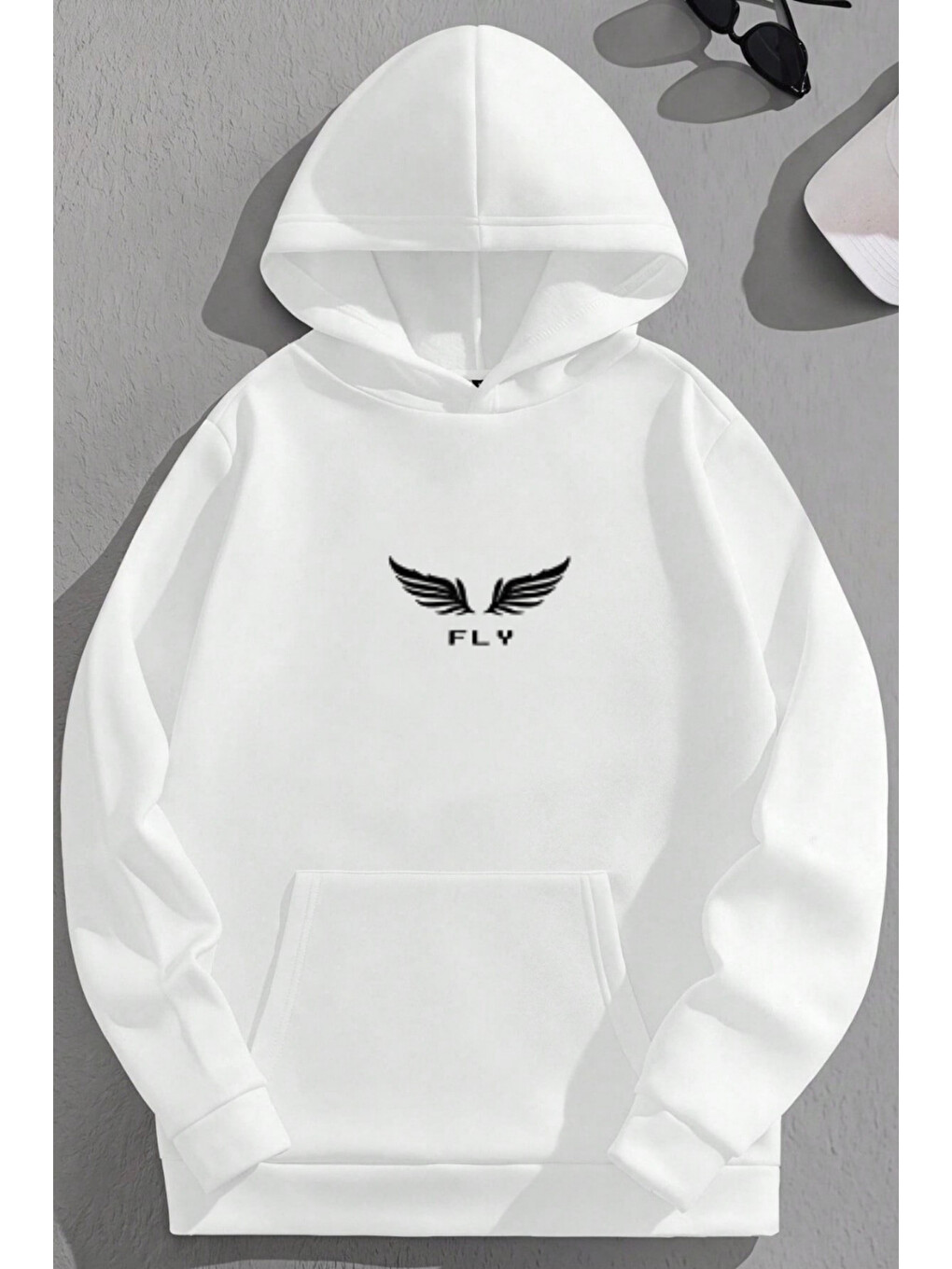 Unisex 3 İplik Pamuklu Beyaz Flys Baskı Bol Kalıp Sweatshirt Hoodie-1