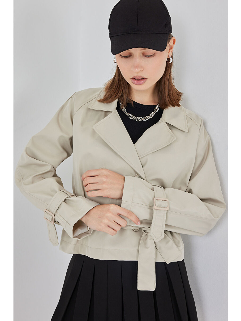 Bej Kadın Kemerli Kısa Trençkot 5970 - Taş-3