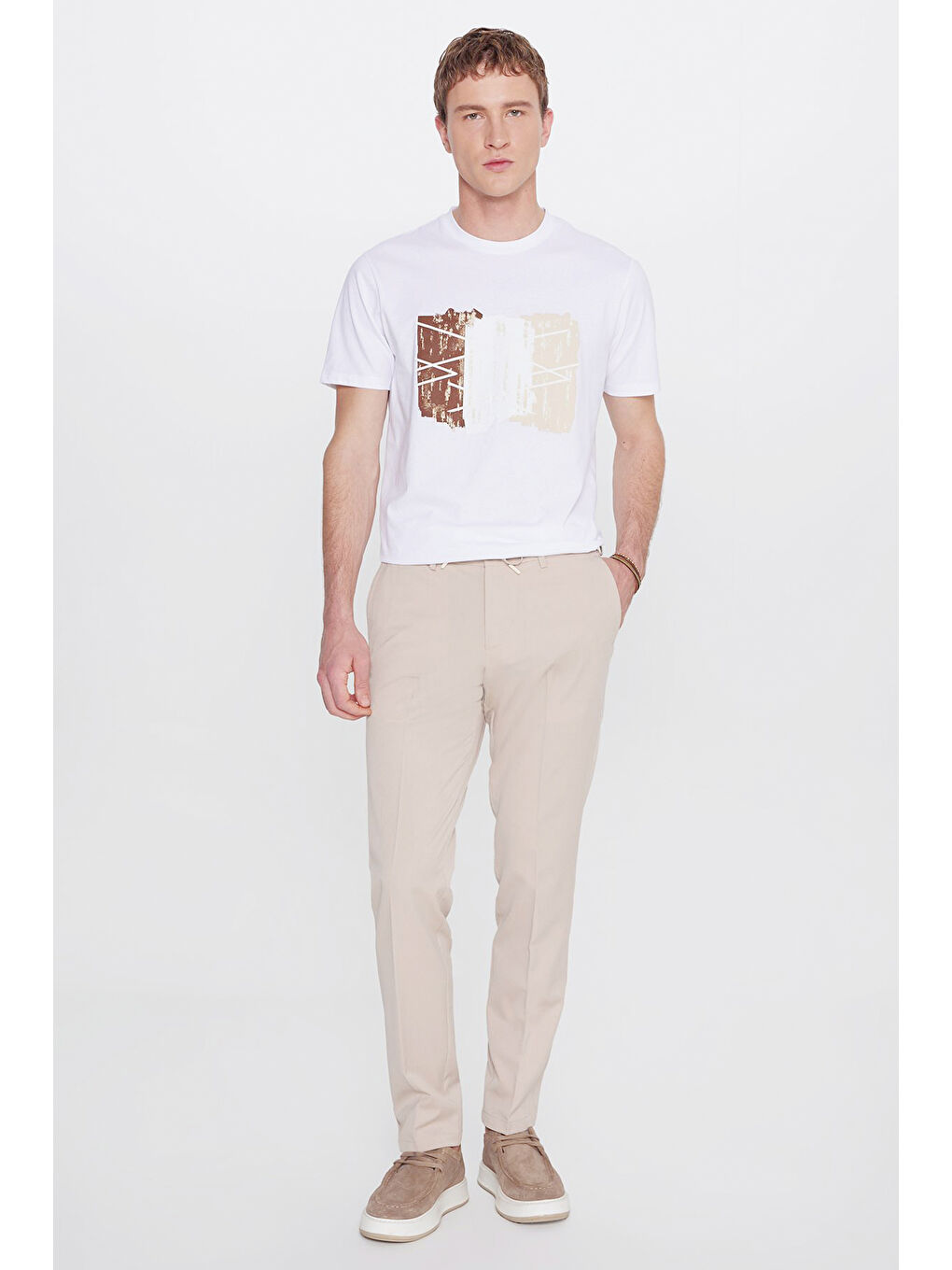 Erkek Bej Slim Fit Dar Kesim Beli Bağlamalı Yan Cepli Casual Esnek Pantolon