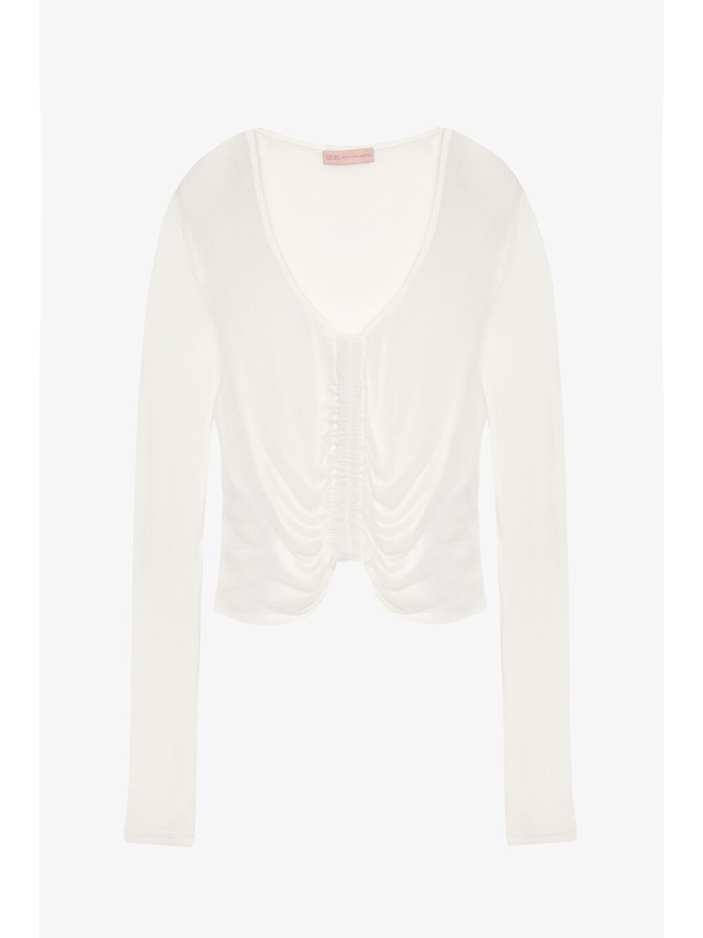 Önü Büzgülü V Yaka Transparan Bluz Ekru
