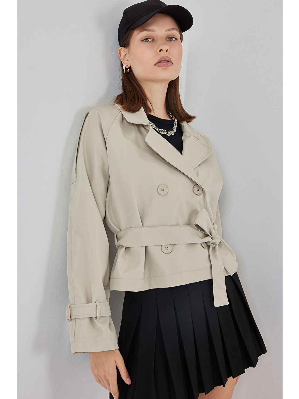 Bej Kadın Kemerli Kısa Trençkot 5970 - Taş-4