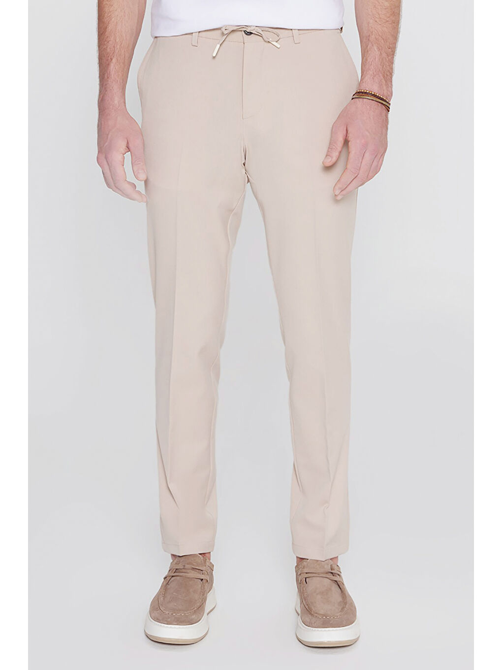 Erkek Bej Slim Fit Dar Kesim Beli Bağlamalı Yan Cepli Casual Esnek Pantolon-1