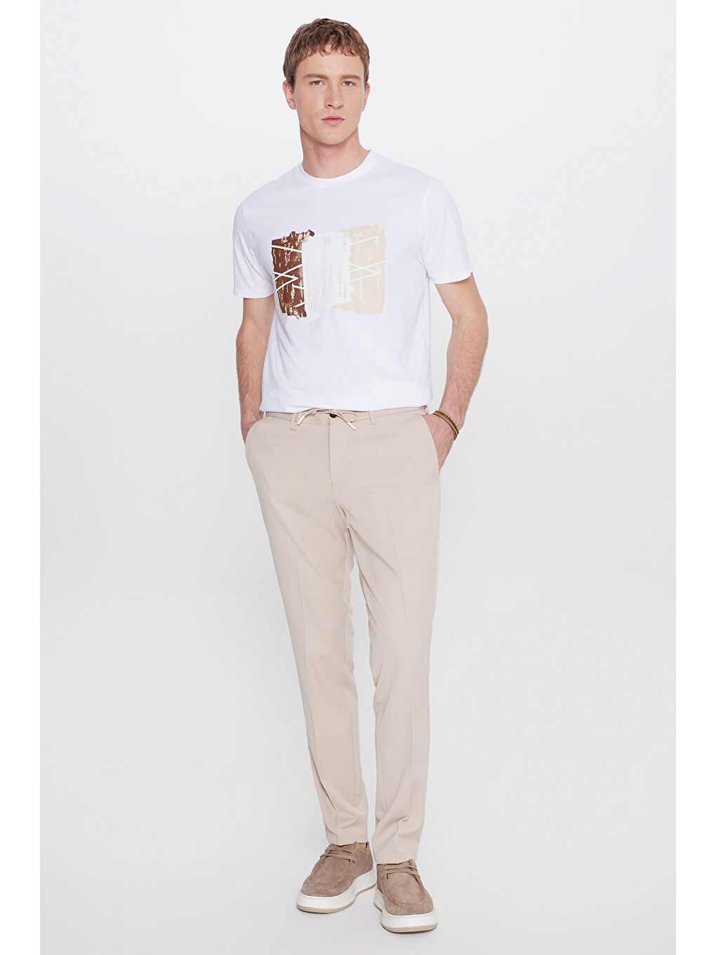 Erkek Bej Slim Fit Dar Kesim Beli Bağlamalı Yan Cepli Casual Esnek Pantolon-2