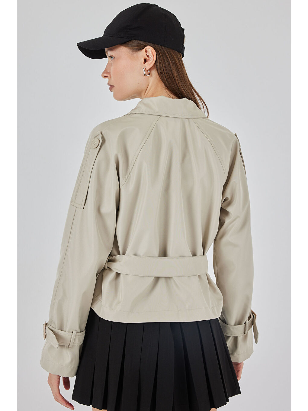 Bej Kadın Kemerli Kısa Trençkot 5970 - Taş-5