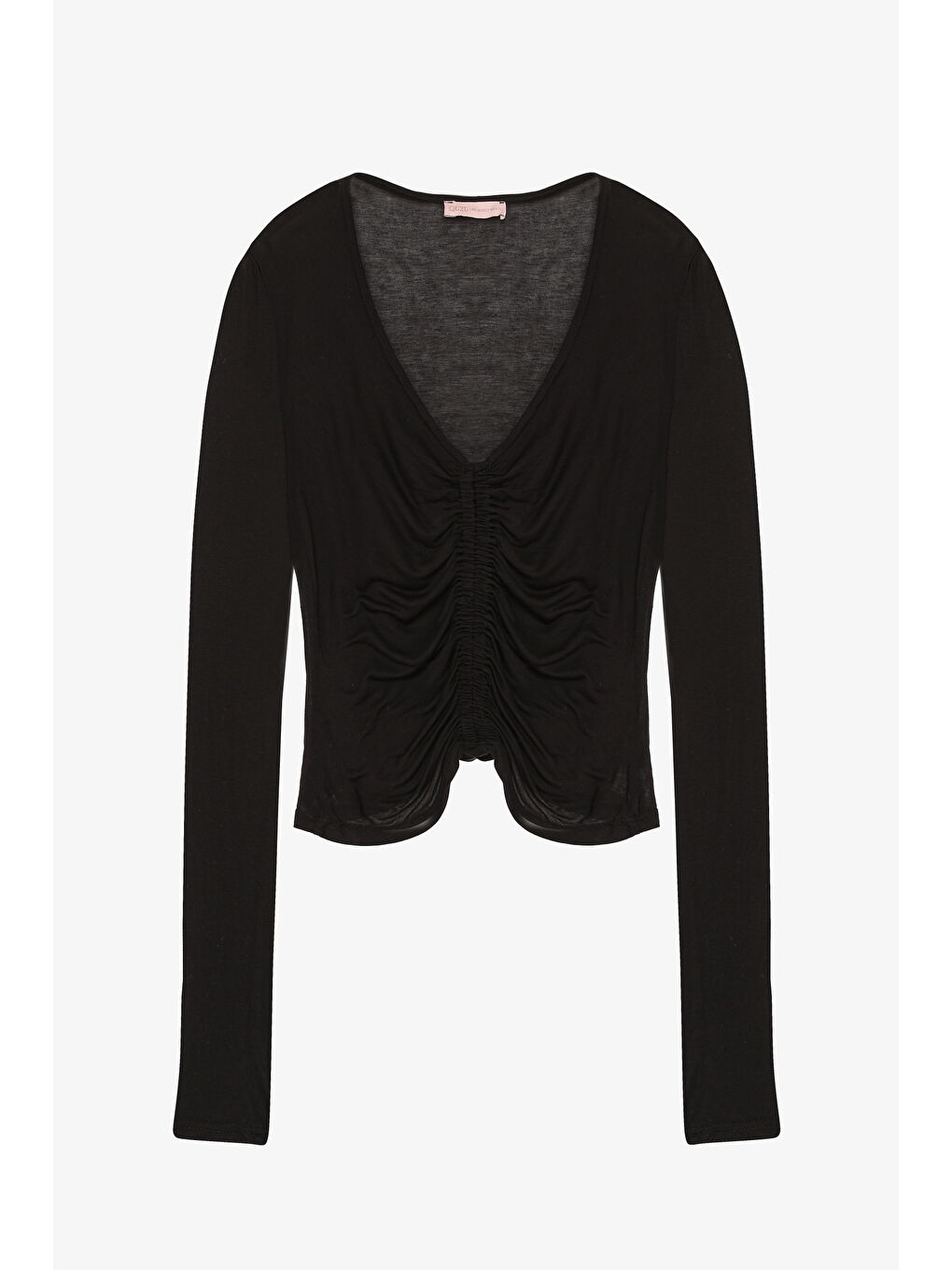 Önü Büzgülü V Yaka Transparan Bluz Siyah