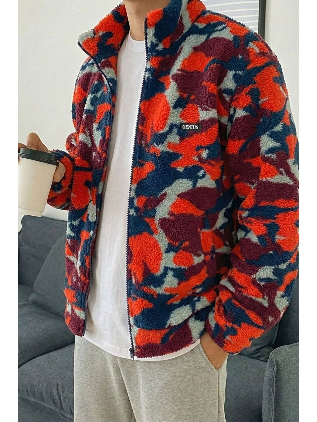 Kırmızı Oversize Pelüş Tam Fermuarlı Sweatshirt Pelüş İçi Polarlı Sherpa Kumaş Sweatshirt-1