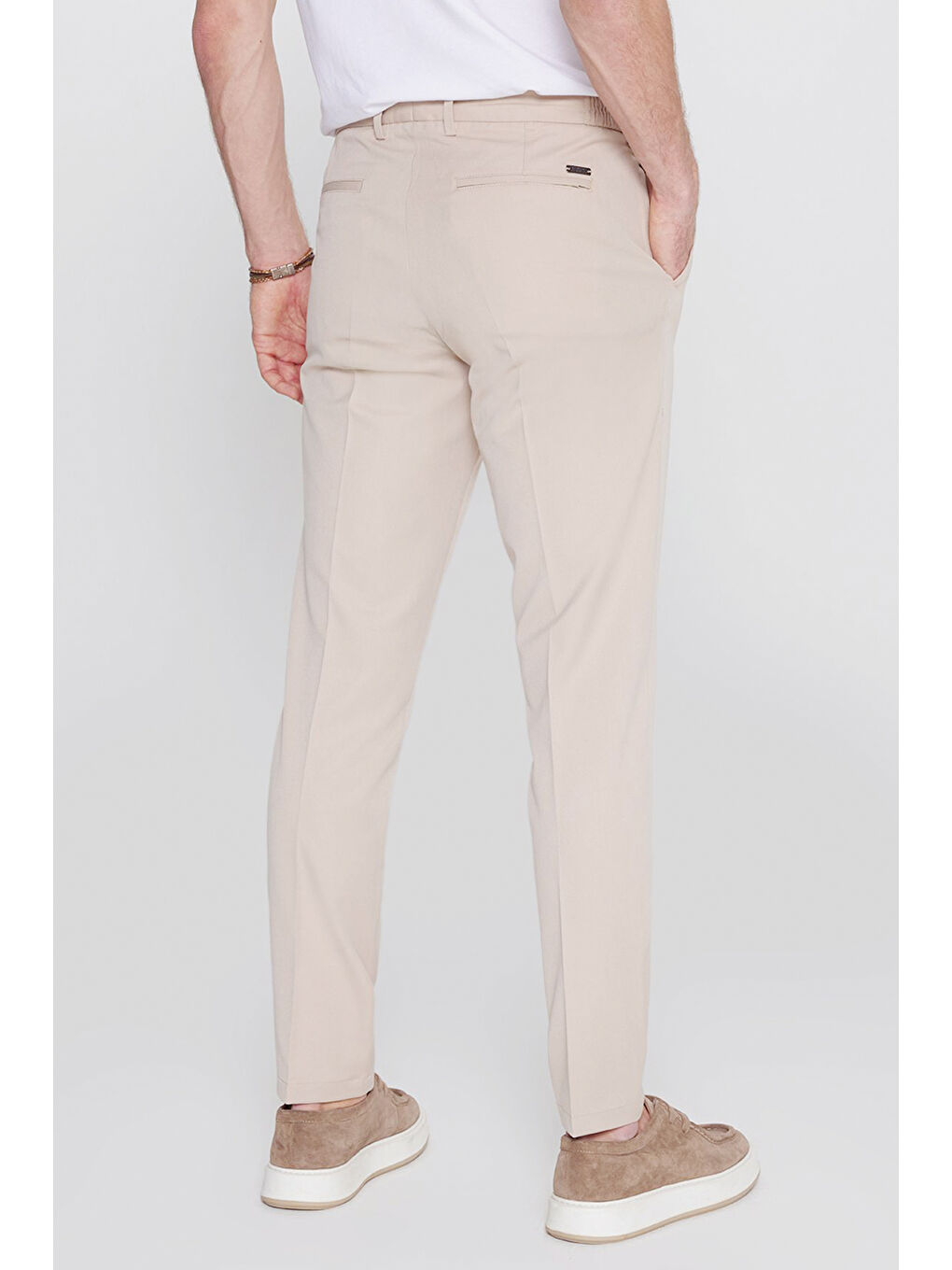 Erkek Bej Slim Fit Dar Kesim Beli Bağlamalı Yan Cepli Casual Esnek Pantolon-5
