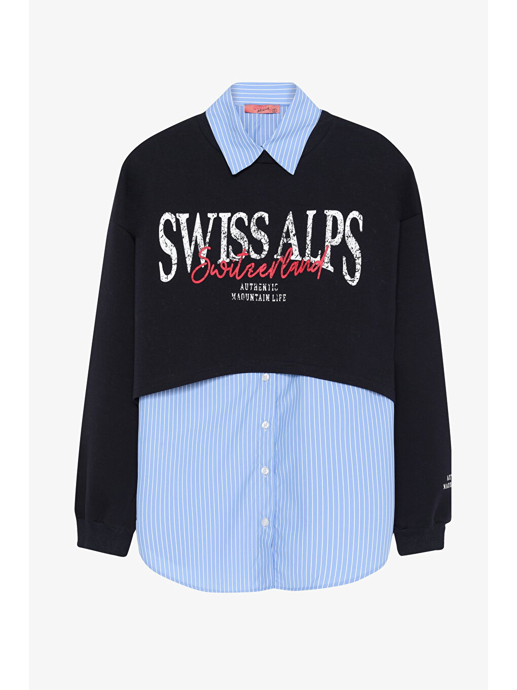 Çizgili Gömlek Garnili Yazı Baskılı Oversize Sweatshirt Mavi