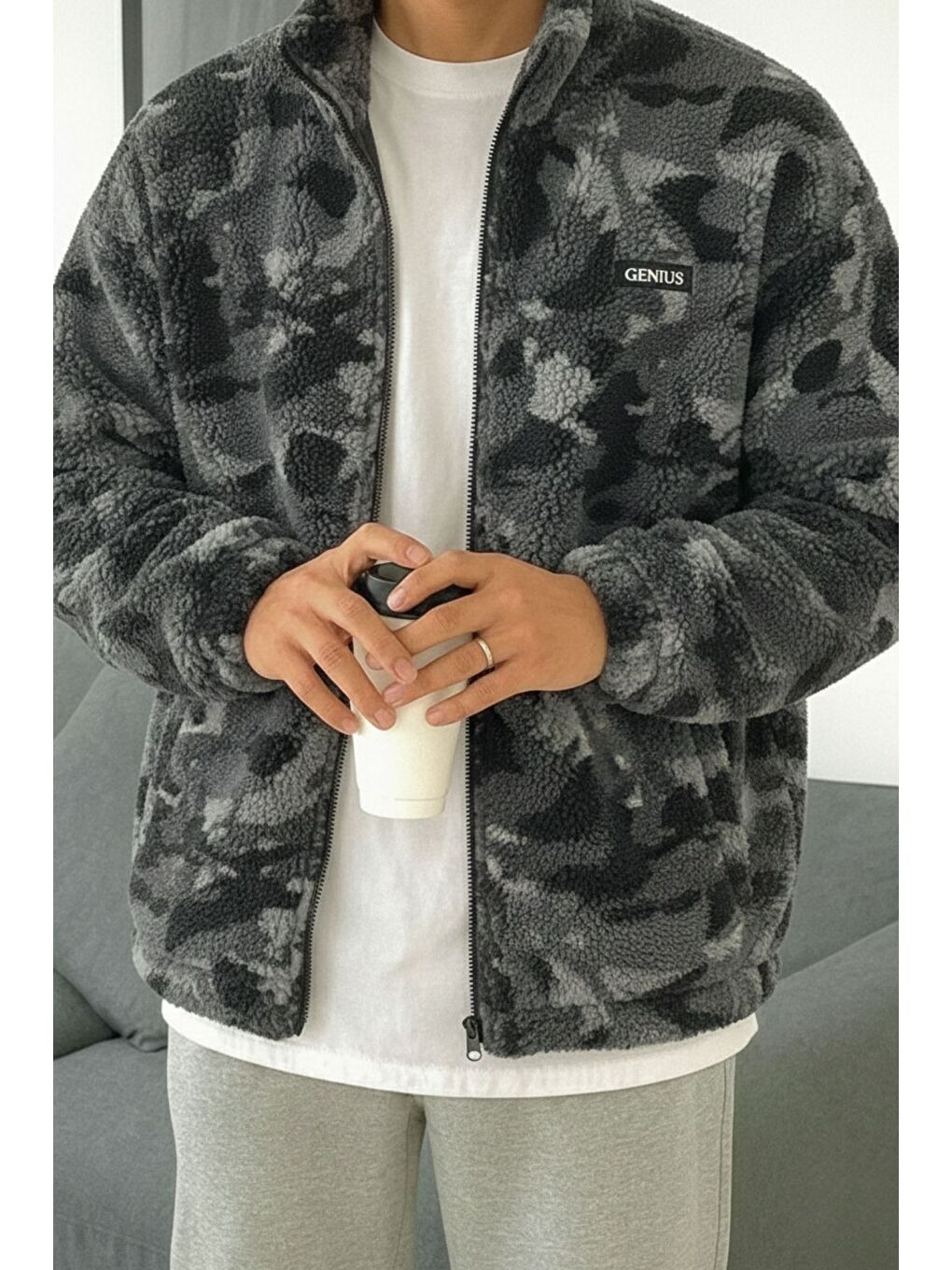 Antrasit Oversize Pelüş Tam Fermuarlı Sweatshirt Pelüş İçi Polarlı Sherpa Kumaş Sweatshirt