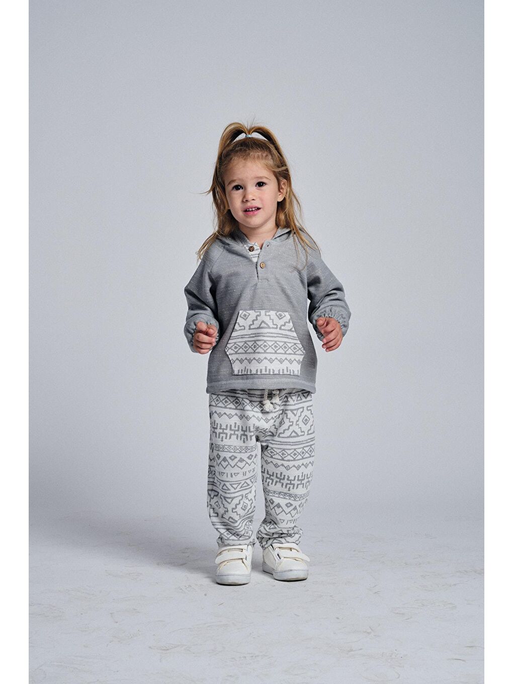 Gri Unisex Etnik Desen Kanguru Cepli 2'li Takım
