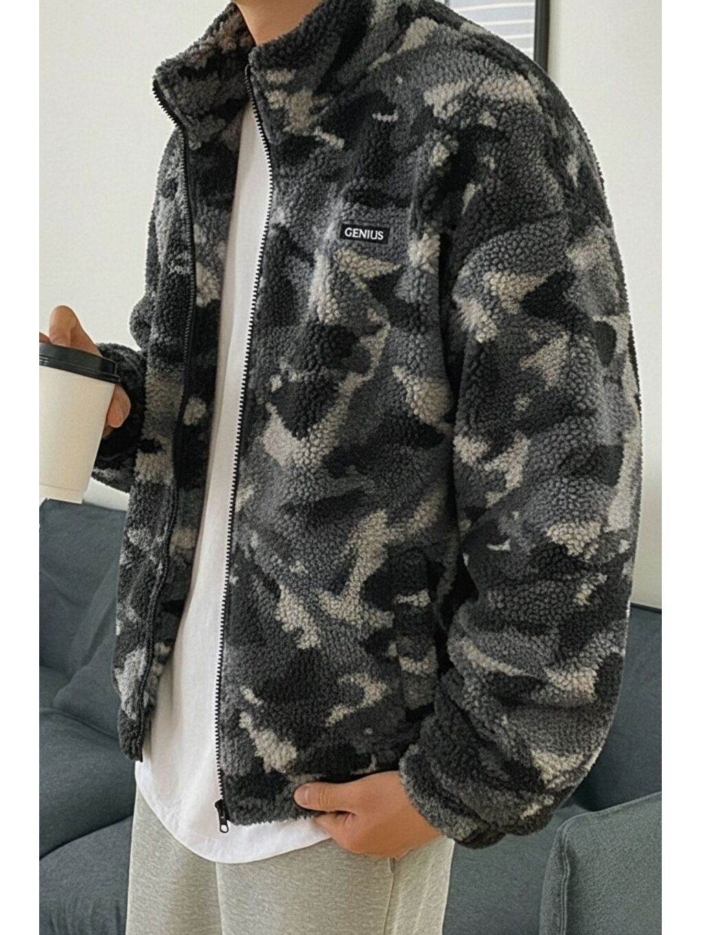 Antrasit Oversize Pelüş Tam Fermuarlı Sweatshirt Pelüş İçi Polarlı Sherpa Kumaş Sweatshirt-1