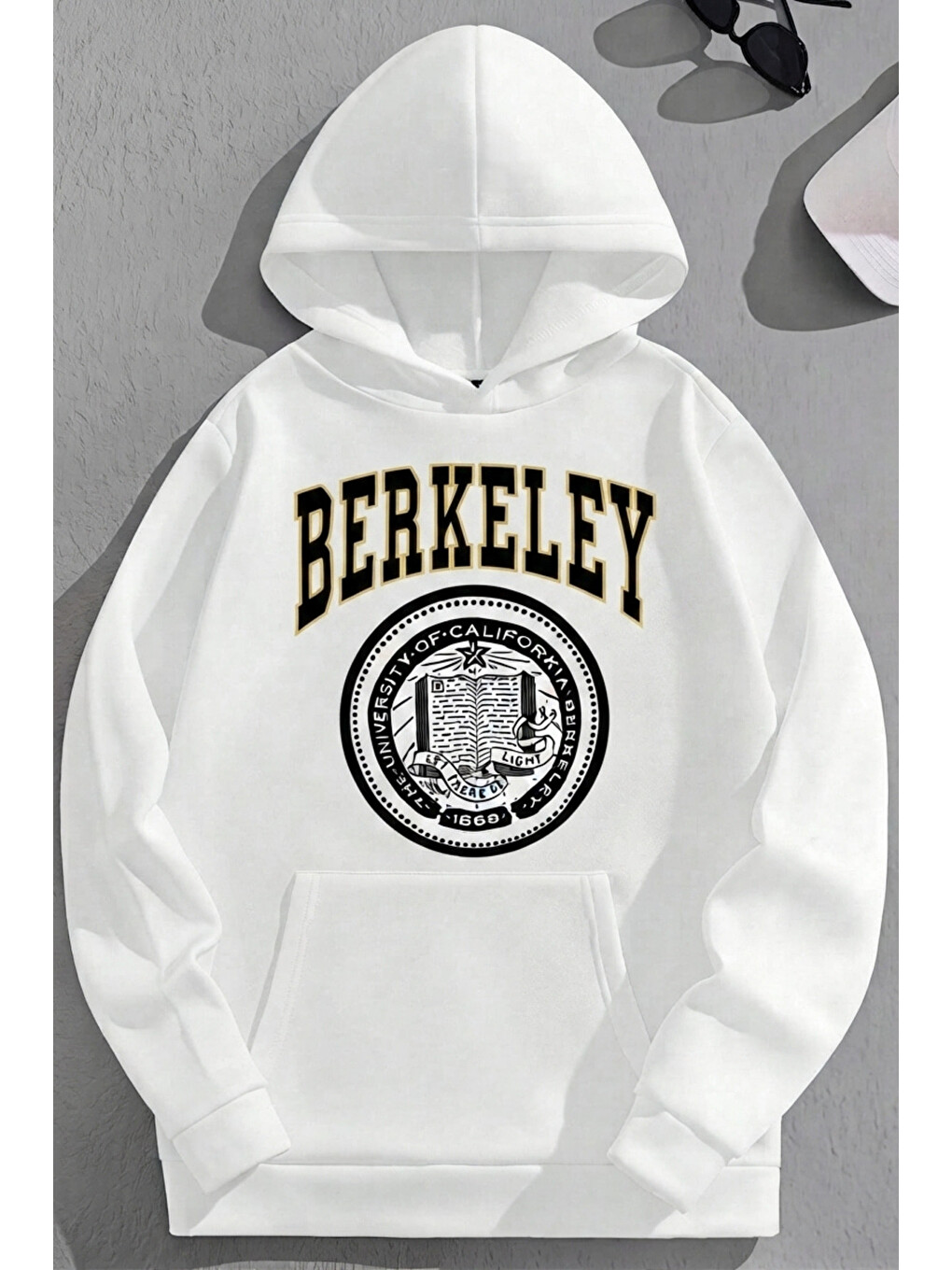 Unisex 3 İplik Pamuklu Beyaz Berkeley Baskı Bol Kalıp Sweatshirt Hoodie