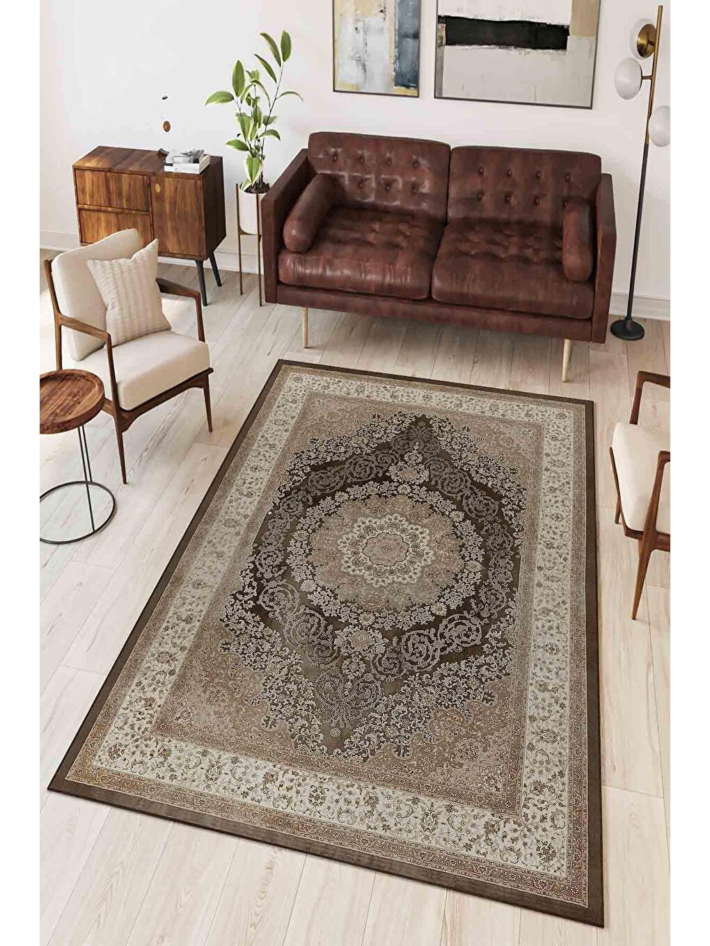 Kahverengi Dekoratif Özel Tasarım Yıkanabilir, Modern Halı  100 x 200 cm