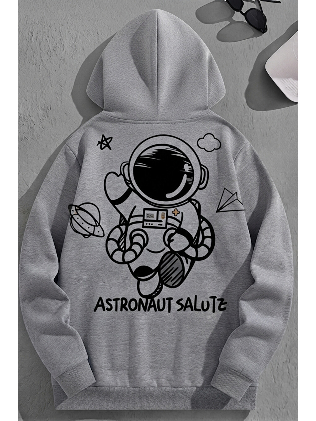 Unisex 3 İplik Pamuklu Gri Astranoutsalutz Baskı Bol Kalıp Sweatshirt Hoodie