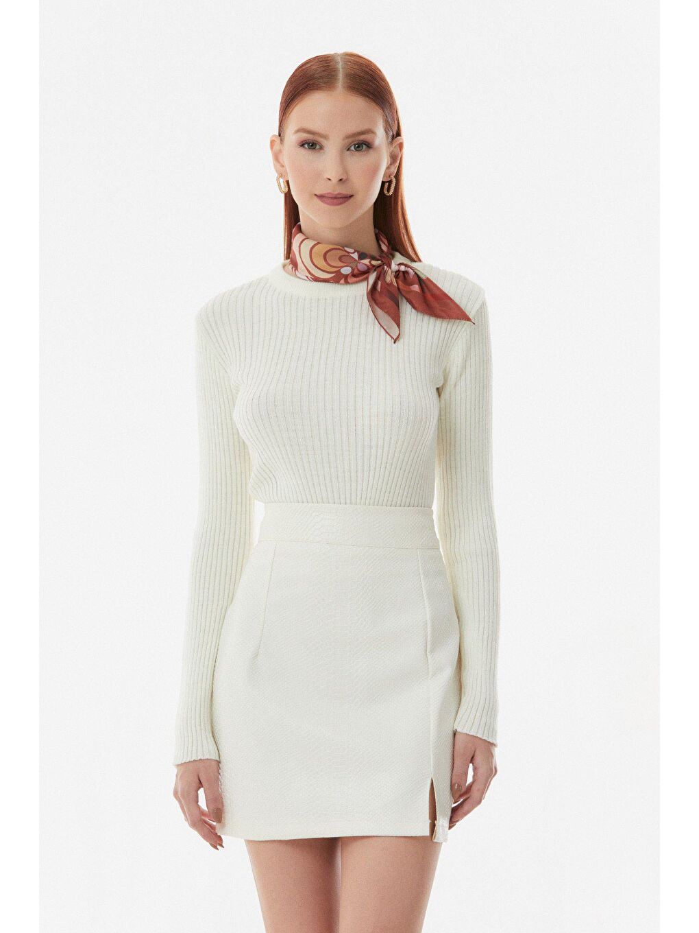 Ekru Fitilli Bisiklet Yaka Triko Kazak