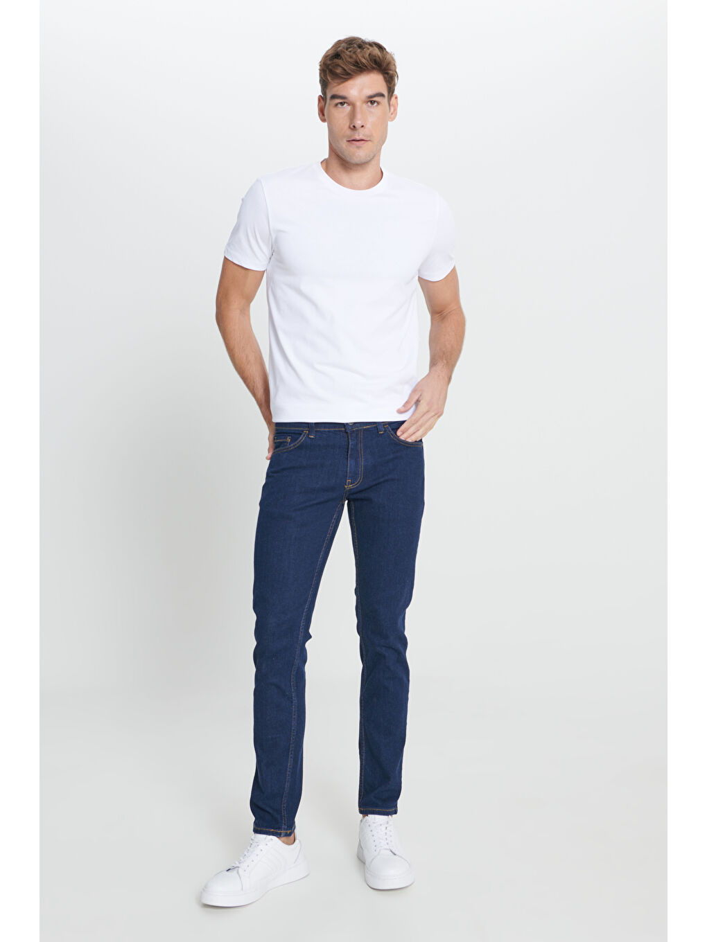 Erkek Koyu Lacivert Slim Fit Dar Kesim 5 Cep Esnek Denim Jean Pantolon-1
