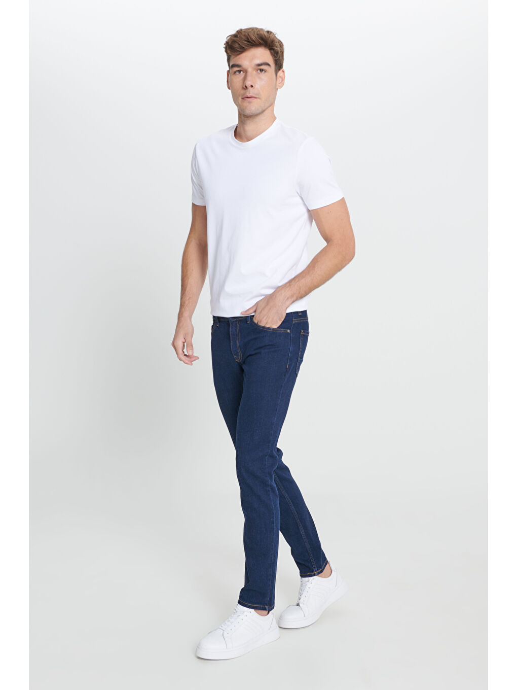 Erkek Koyu Lacivert Slim Fit Dar Kesim 5 Cep Esnek Denim Jean Pantolon-3