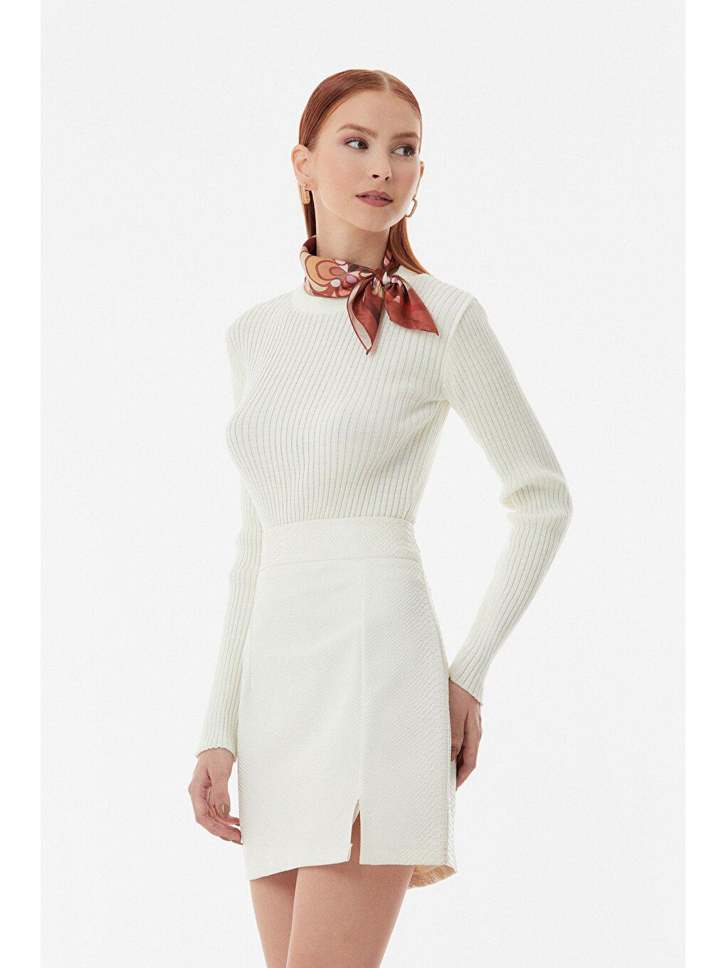 Ekru Fitilli Bisiklet Yaka Triko Kazak-1