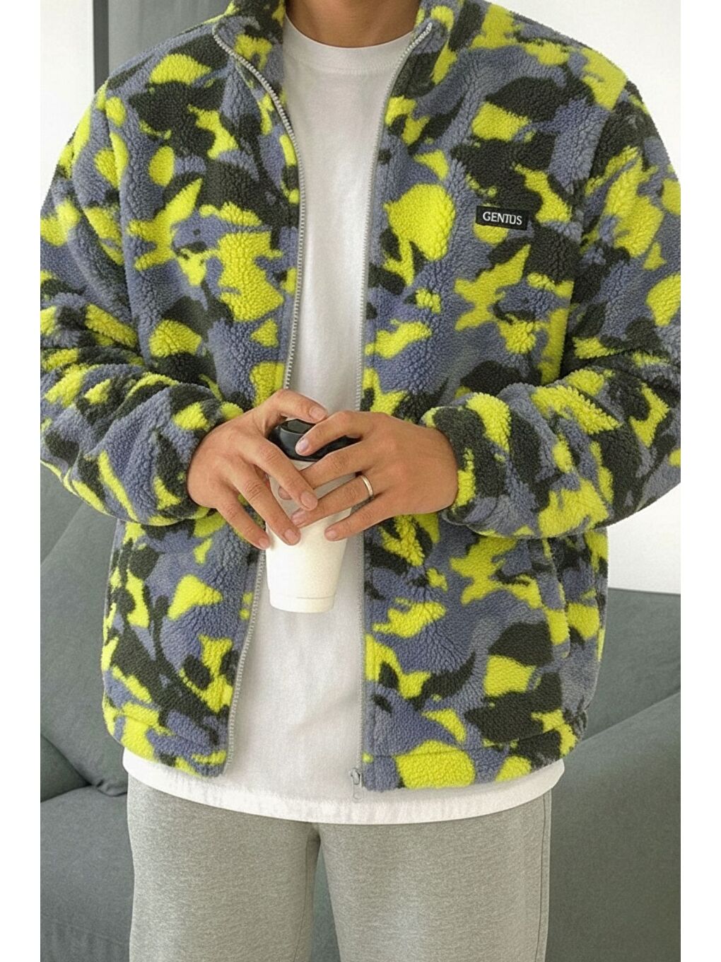 Sarı Oversize Pelüş Tam Fermuarlı Sweatshirt Pelüş İçi Polarlı Sherpa Kumaş Sweatshirt