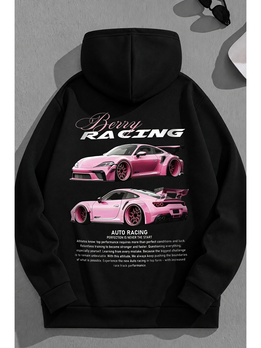 Unisex 3 İplik Pamuklu Siyah Berryracing Baskı Bol Kalıp Sweatshirt Hoodie