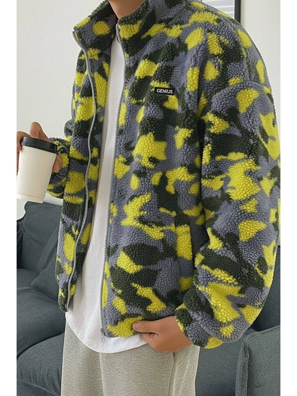 Sarı Oversize Pelüş Tam Fermuarlı Sweatshirt Pelüş İçi Polarlı Sherpa Kumaş Sweatshirt-1