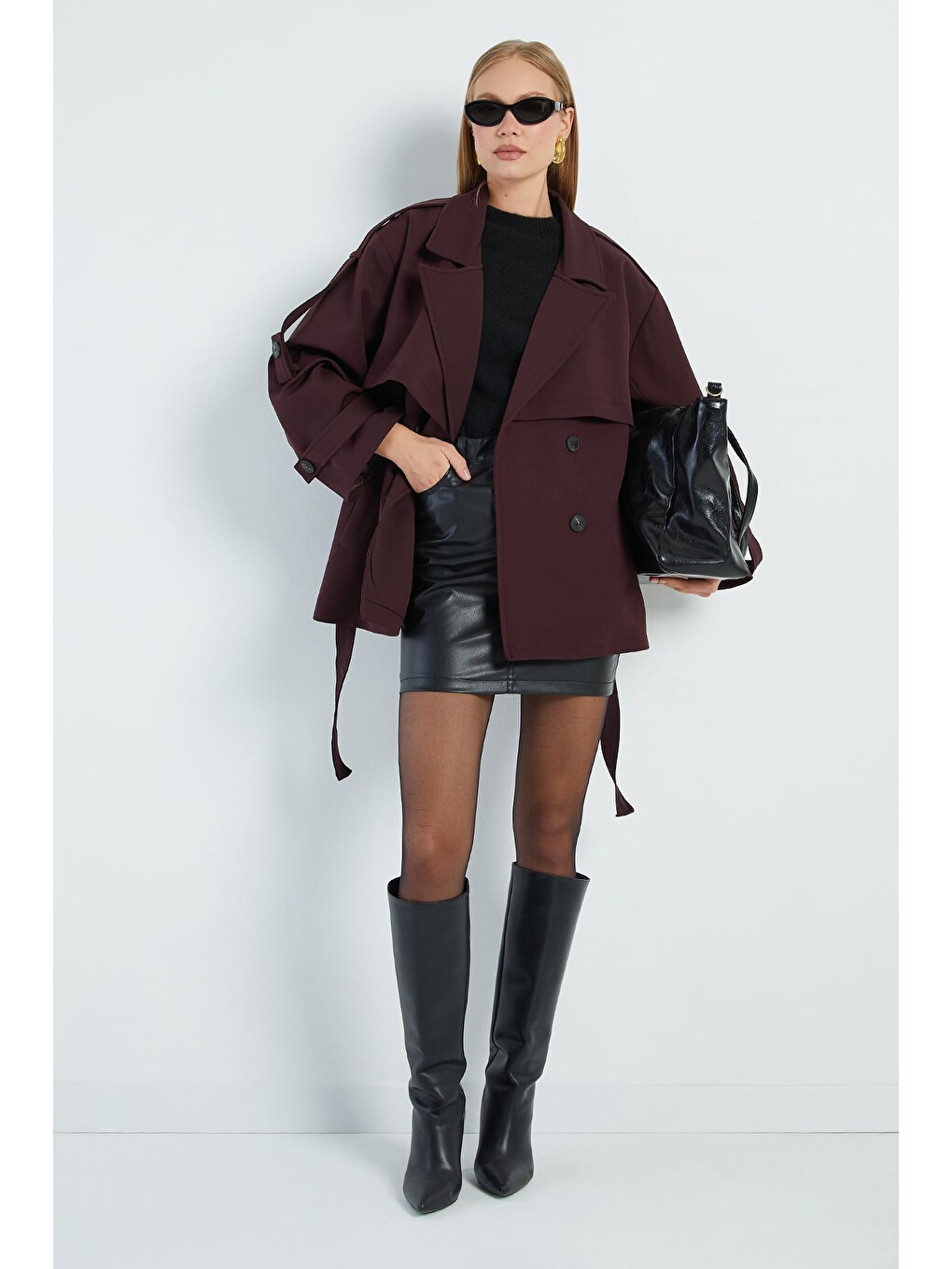 Mürdüm Beli Kemerli Kruvaze Yaka Oversize Trençkot-1