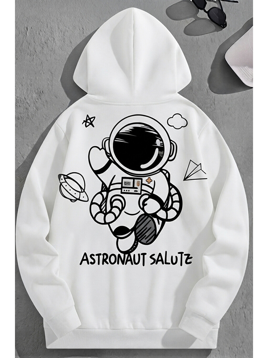 Unisex 3 İplik Pamuklu Beyaz Astranoutsalutz Baskı Bol Kalıp Sweatshirt Hoodie