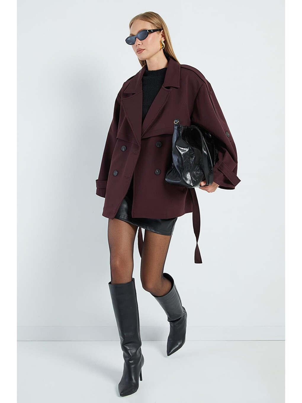 Mürdüm Beli Kemerli Kruvaze Yaka Oversize Trençkot-2