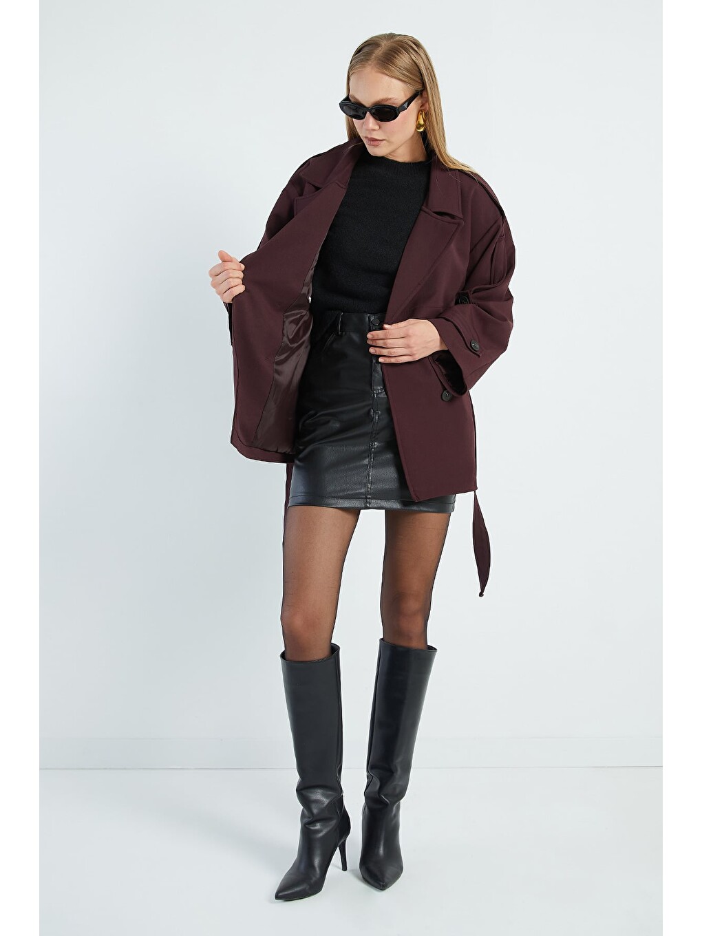 Mürdüm Beli Kemerli Kruvaze Yaka Oversize Trençkot-3