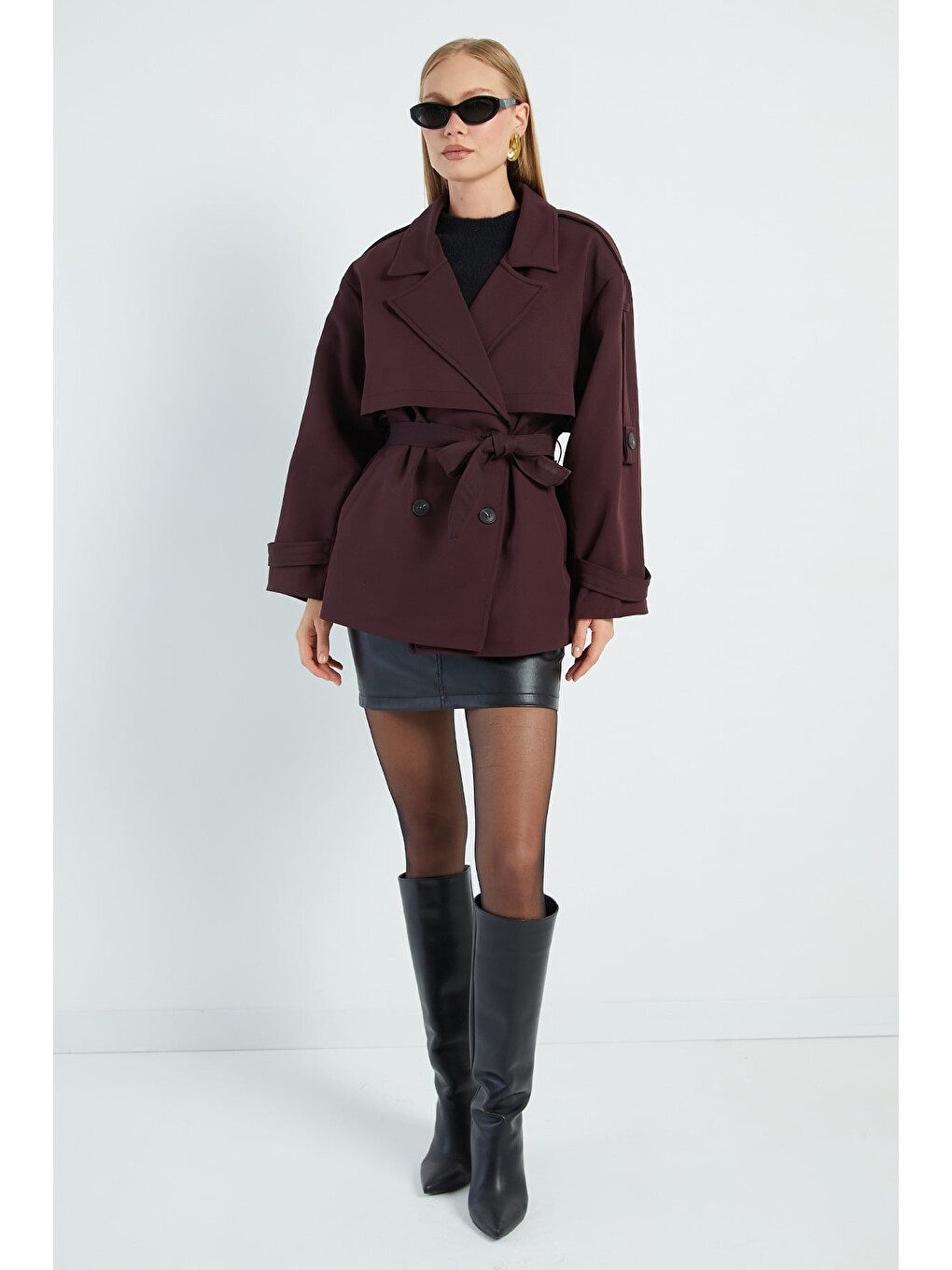 Mürdüm Beli Kemerli Kruvaze Yaka Oversize Trençkot-4