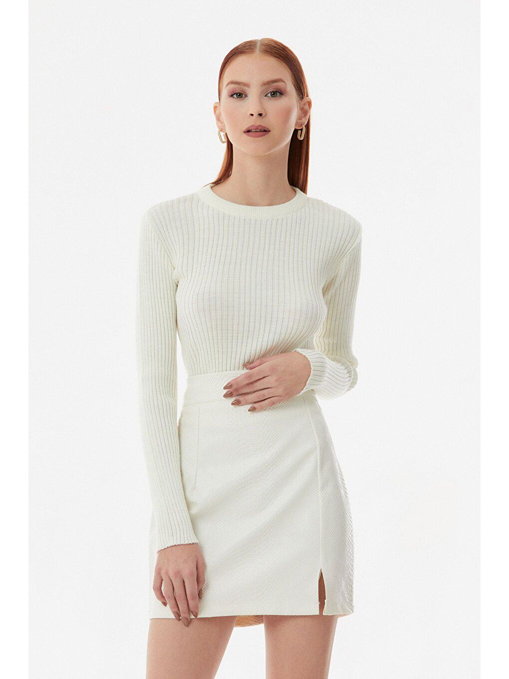 Ekru Fitilli Bisiklet Yaka Triko Kazak-3