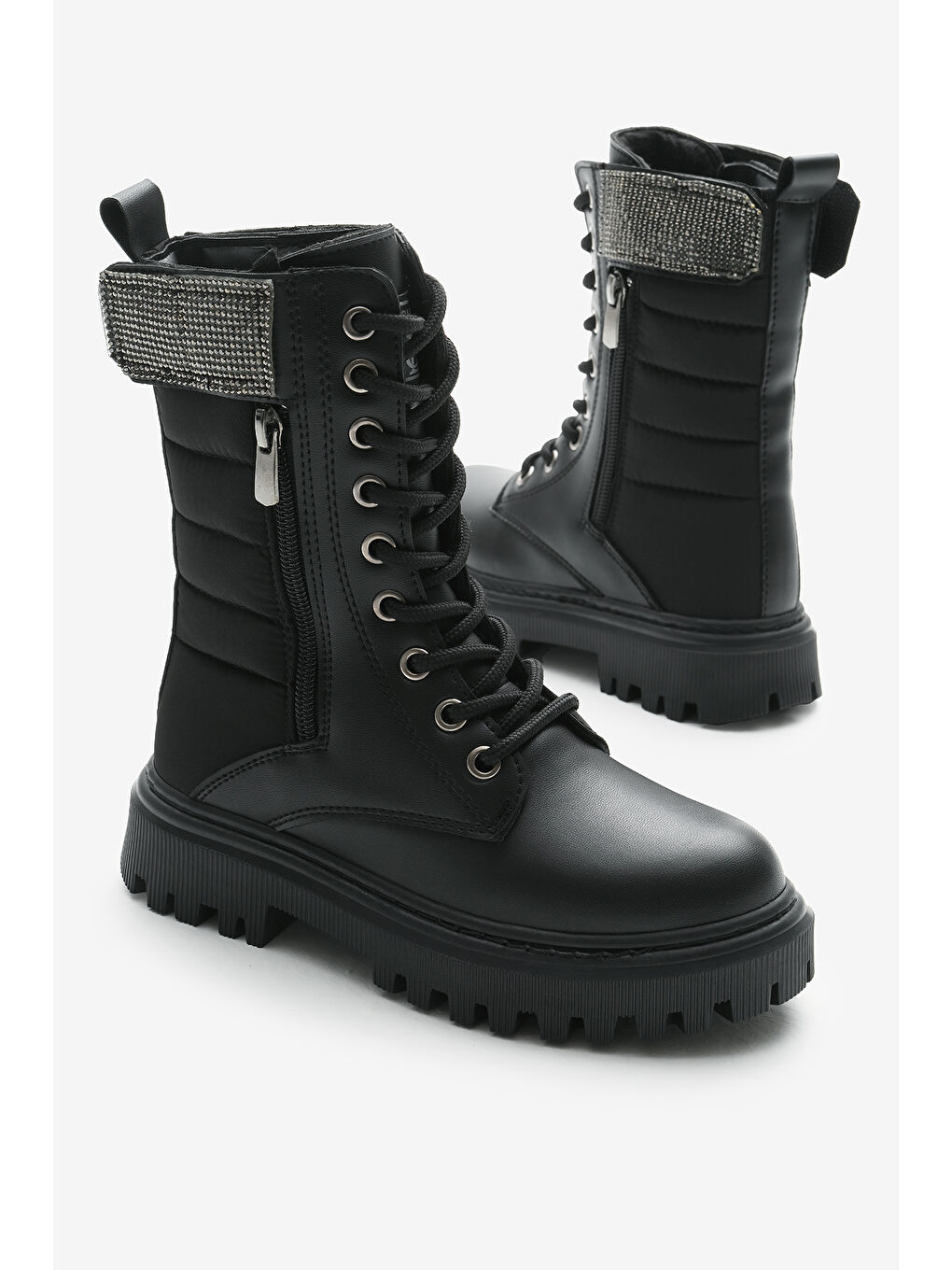 Kız Çocuk Siyah Cilt Termo Taban Taş Detaylı Fermuarlı ve Bağcıklı Cırtlı Bot-2