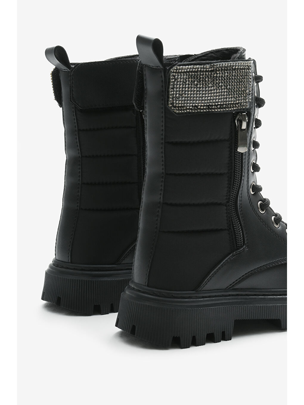 Kız Çocuk Siyah Cilt Termo Taban Taş Detaylı Fermuarlı ve Bağcıklı Cırtlı Bot-4