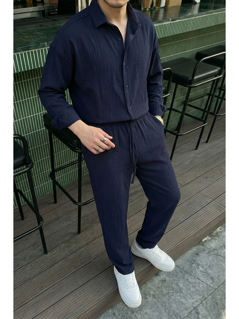 Lacivert Sonora %100 Pamuk Oversize Krinkıl Erkek Alt Üst Takım-5