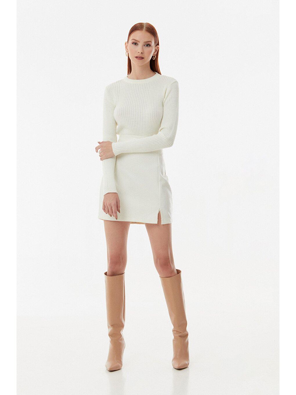 Ekru Fitilli Bisiklet Yaka Triko Kazak-4