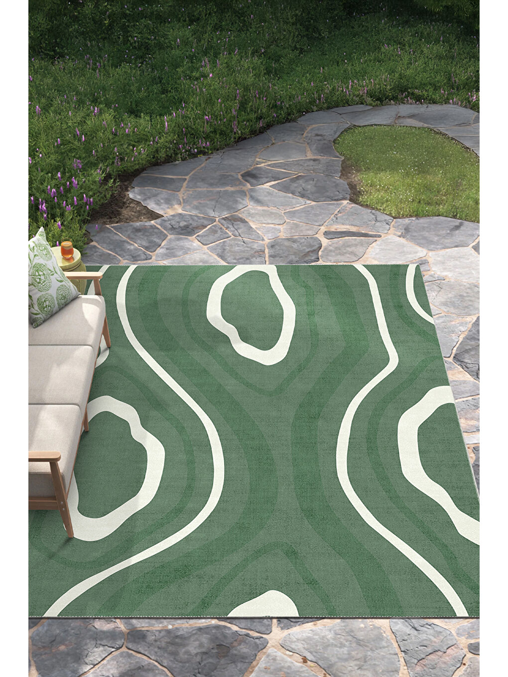 Yeşil Dekoratif Salon Halısı, Makinada Yıkanabilir, Kaymaz Taban, İnce & Modern Tasarım-4