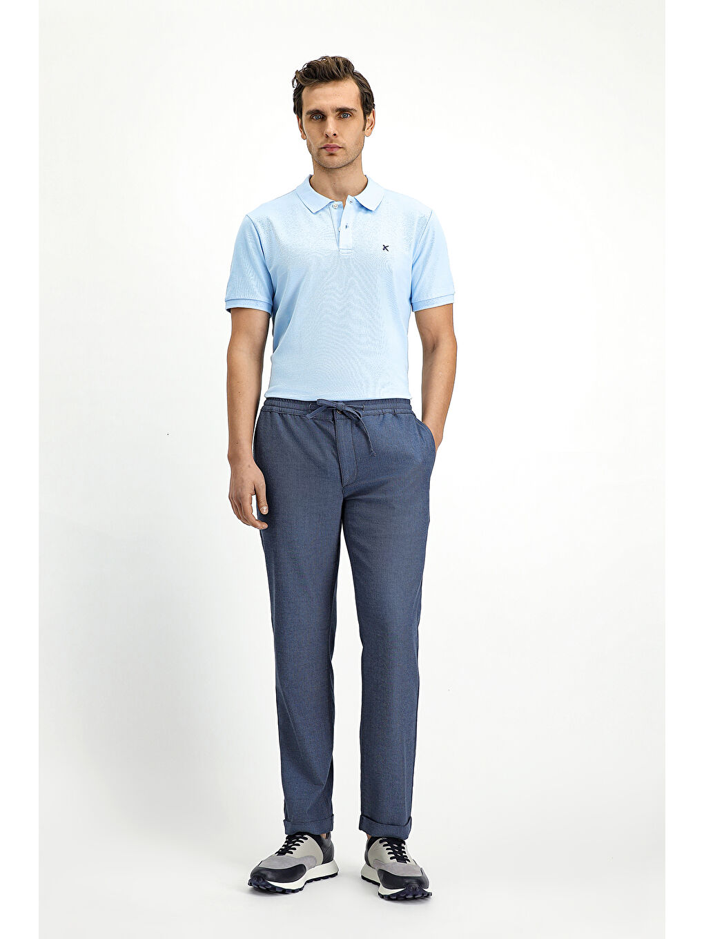 Mavi Slim Fit Dar Kesim Desenli Beli Lastikli İpli Elastanlı Pantolon-1