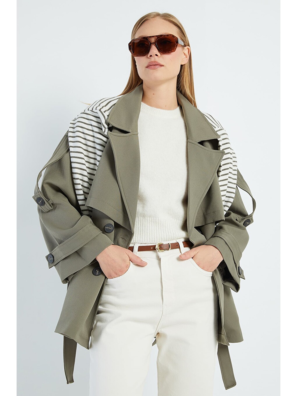 Haki Beli Kemerli Kruvaze Yaka Oversize Trençkot