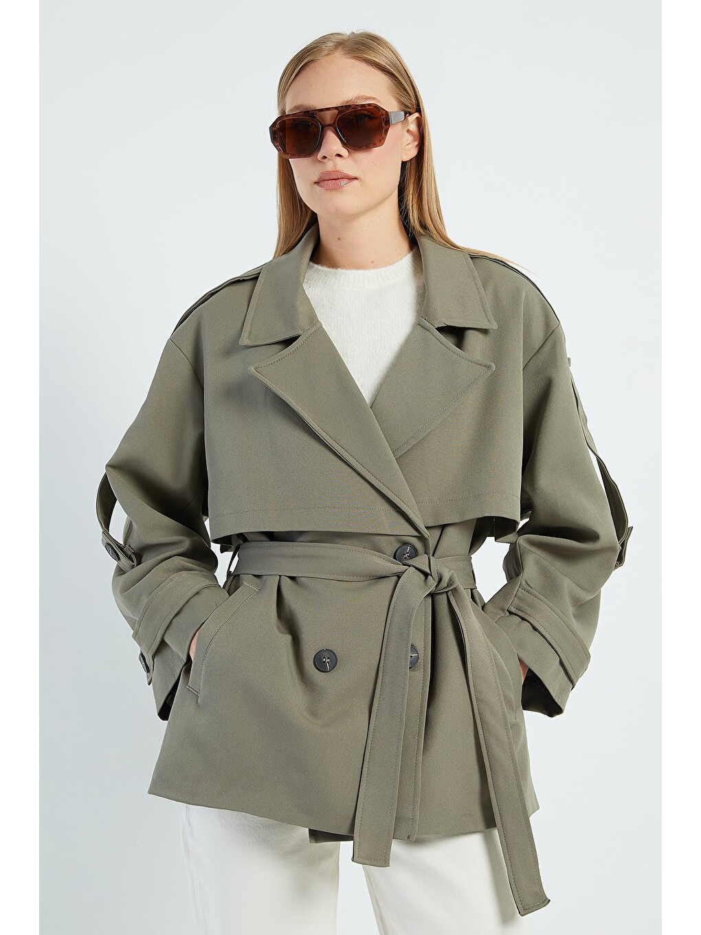 Haki Beli Kemerli Kruvaze Yaka Oversize Trençkot-1