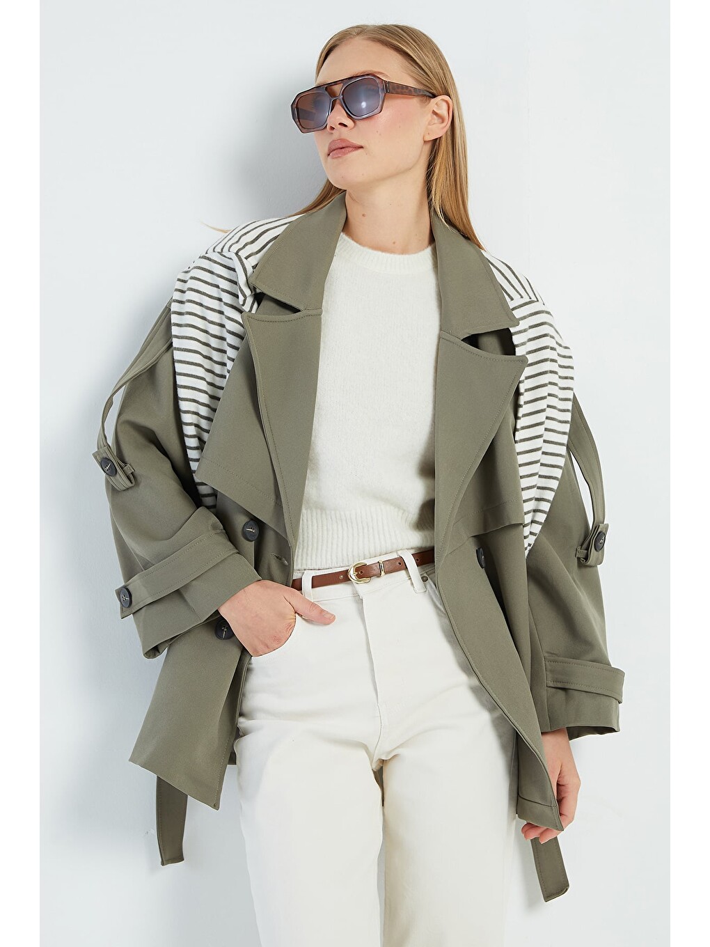 Haki Beli Kemerli Kruvaze Yaka Oversize Trençkot-2