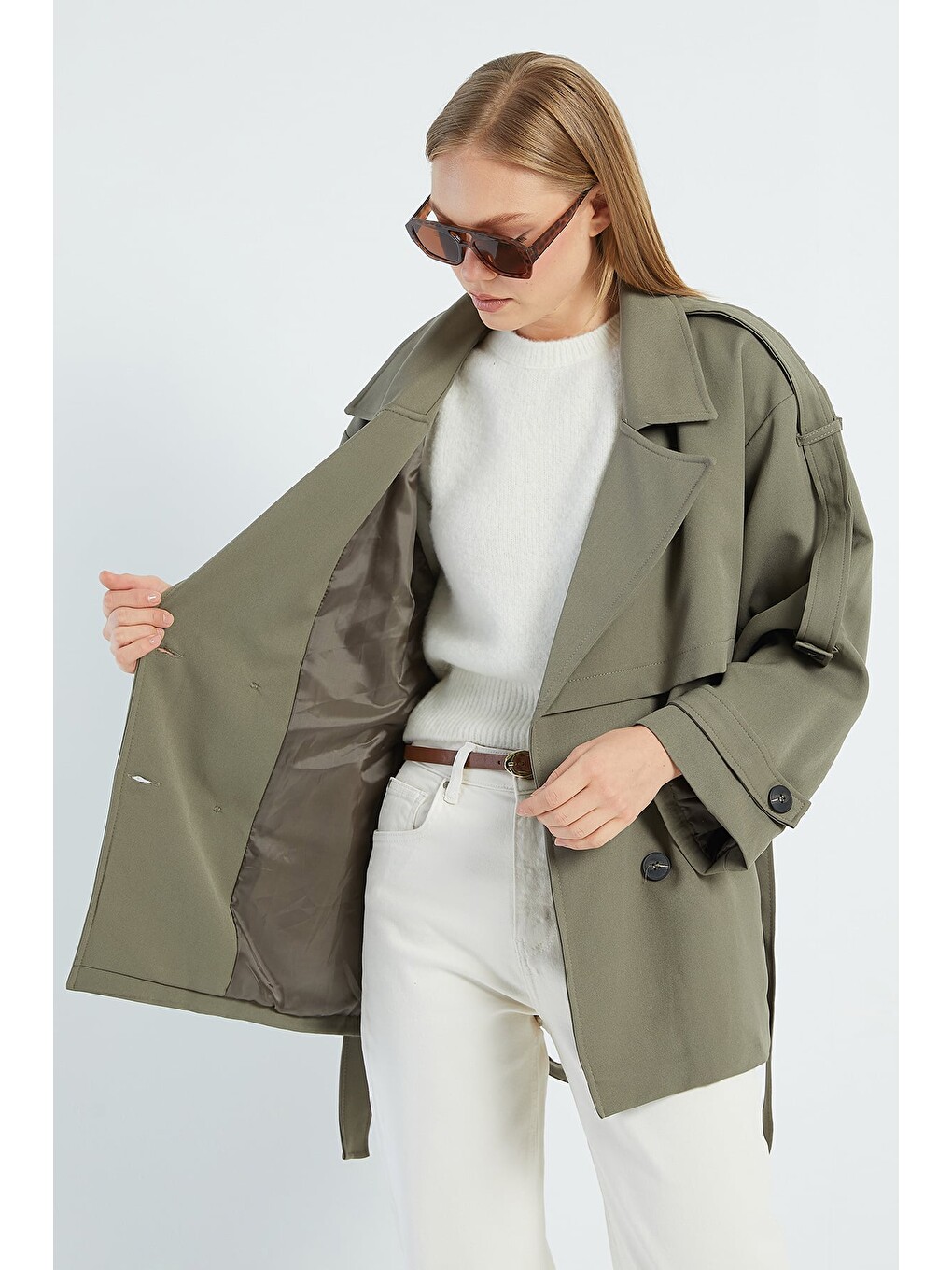 Haki Beli Kemerli Kruvaze Yaka Oversize Trençkot-3