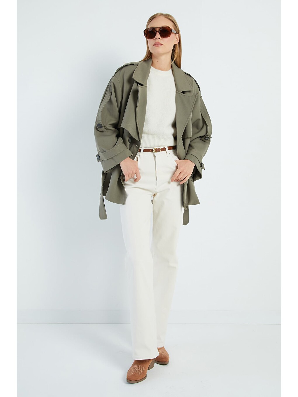 Haki Beli Kemerli Kruvaze Yaka Oversize Trençkot-4
